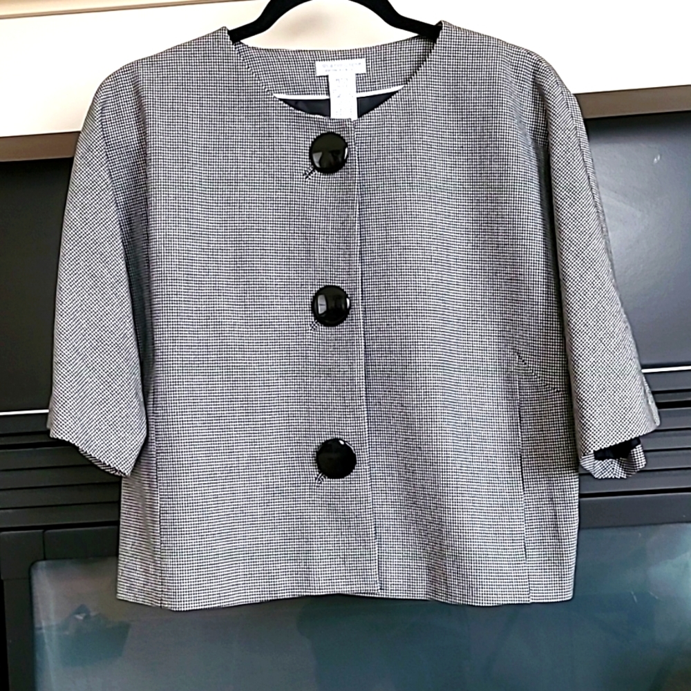 Worthington Black & White Houndstooth Collarless Big Button Blazer, Sz Petite L